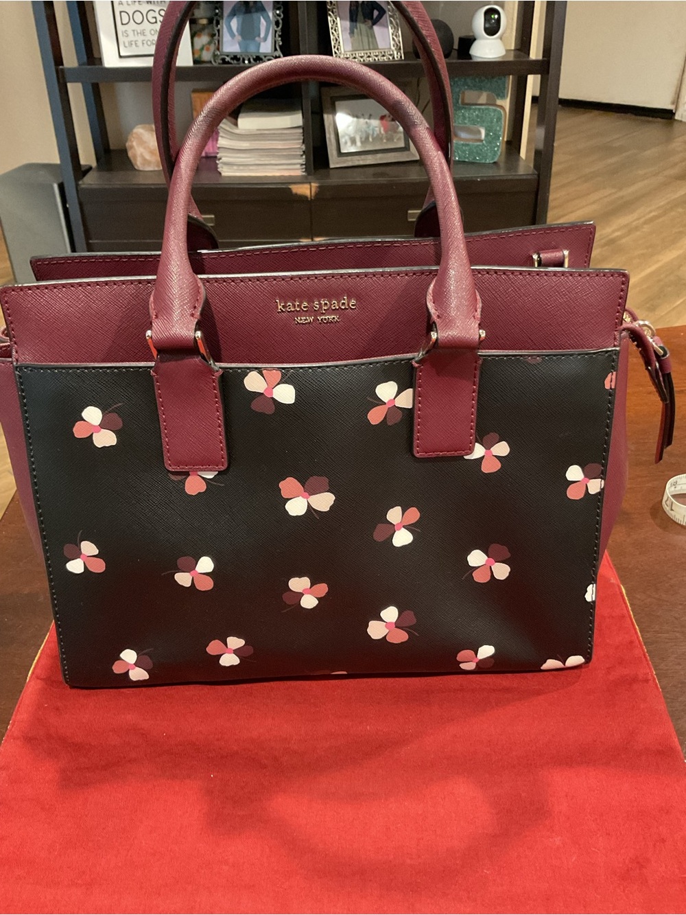 kate spade black floral-print satchel with burgundy trim